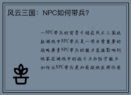 风云三国：NPC如何带兵？